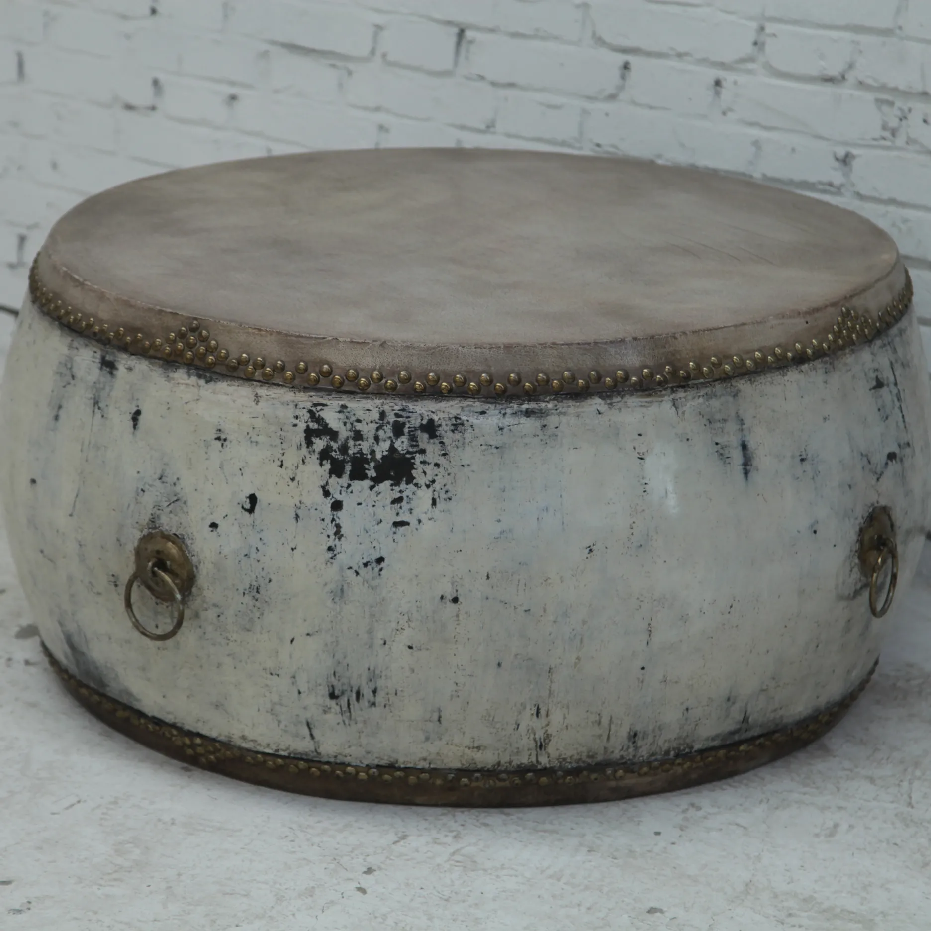 Table basse chinoise en cuir Antique, tambour à bout rond, Vintage, style européen