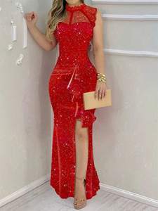 Abito Maxi in Maglia <span class=keywords><strong>con</strong></span> Applicazioni in Strass - Collo Alto, Spalle Scoperte, Aderente <span class=keywords><strong>con</strong></span> <span class=keywords><strong>Spacco</strong></span> <span class=keywords><strong>Laterale</strong></span> - Elegante <span class=keywords><strong>Vestito</strong></span> da Festa - Product Image 4