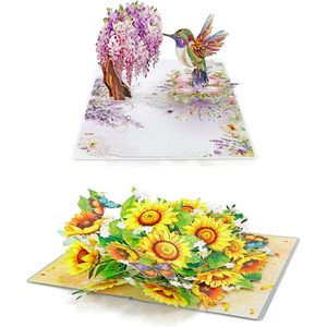 Carte de vœux 3D pop-up Colibri Tournesol, Cadeau Fête des Mères, Impression numérique 4 couleurs, Papier rectangulaire, Vernis mat - Product Image 1