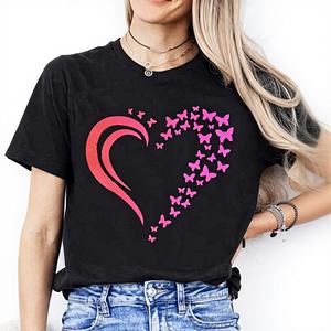 T-shirt décontracté pour femme à manches courtes, imprimé par transfert thermique, motif cœur, papillon, amour, printemps-été, 100% coton - Product Image 1