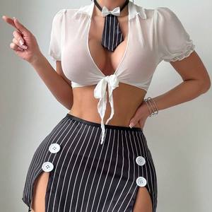 Комплект эротического нижнего белья высокого качества, сексуальная полосатая мини-юбка с бантом, однородная одежда, комплект женского интимного искушения - Product Image 1