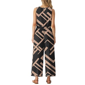 All'ingrosso due pezzi set di <span class=keywords><strong>lino</strong></span> di cotone per le donne moda stampa senza maniche girocollo Crop Top con tasche larghe pantaloni - Product Image 6