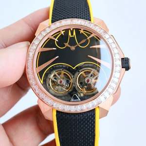 Montre Homme Chic en Or Rose avec Double Tourbillon, Lunette Diamantée, Bracelet Jaune et Noir, Idéale pour les Soirées et Cérémonies, Montre-Bracelet de Luxe Léger - Product Image 1
