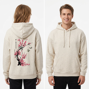 Heather Gray Women Hoodie Sweatshirt Cherry Blossom <b>Butterfly</b> Back Print Long <b>Sleeve</b> Pullover Casual Spring Style - Product Image 1