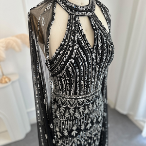 ASA-SS63高級クリスタルビーズロングケープウエディングドレスブラックキーホールイブニングガウン女性用 - Product Image 5