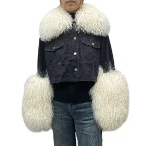 New Coming Thick Fluffy Mongolia Fur Collar Cuffs Women Chic Blue Denim Jacket with Fur