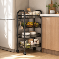Chariot de rangement roulant en métal maillé à 4 niveaux avec crochets latéraux et poignée, organisateur de cuisine pour espaces étroits, vente en gros