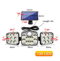 Lampe murale solaire à détecteur de mouvement à 3 têtes, 74 LED, IP54, étanche, 270° °   Projecteur de sécurité extérieur grand angle
