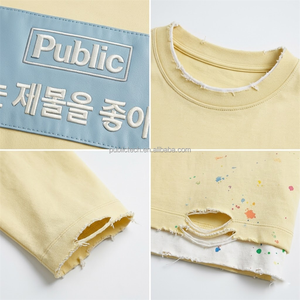 Camiseta de Manga Larga Casual Holgada para Hombre, Personalizada, 300gsm, 100% Algodón, con Parche de Cuero Bordado y Pintado a Mano, Estilo Desgastado - Product Image 2