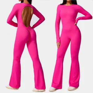 Mujeres Sexy Hollow Back Secado rápido Fruncido Butt Manga larga Acampanado Tight One Piece Fitness Yoga Wear Sport Romper Monos