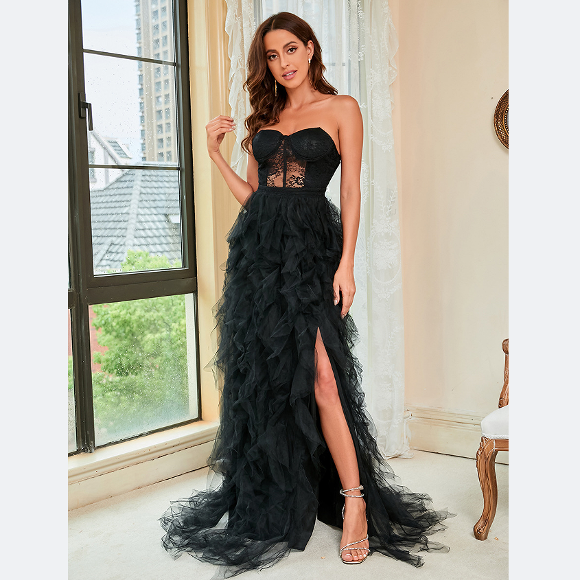 Ball Gown Black Evening Maxi Skirt Long Dress With Crop Top