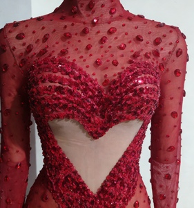 Vestido Mini Rojo de Mujer con Pedrería en Forma de Corazón, Malla Transparente, Cuello Alto, Manga Larga, Vestido de Fiesta, Vestidos de Noche, Moda - Product Image 6