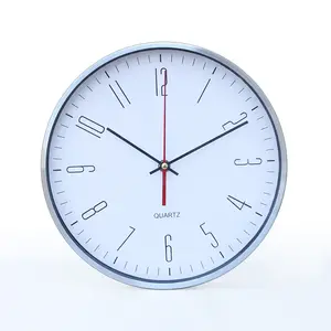 12-Inch Modern Silver Metal Case with Circular Plastic Dial and Red Black Clock Hands Silent Quartz Wall Clock for Living Room
