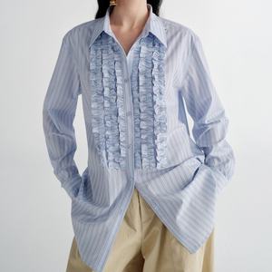 Blusa de Lino y Gasa Transpirable para Mujer, Diseño OEM Personalizado, Manga Larga, Volantes Dulces, Cierre de un Solo Botón, Color Sólido, Tejido de Verano - Product Image 1