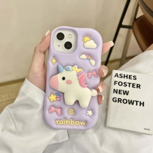 Custodia per telefono antiurto in silicone 3D a forma di <span class=keywords><strong>unicorno</strong></span> con supporto retrattile per ragazze, compatibile con i modelli 13-17 - Product Image 2