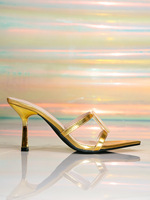 QuiteS 2027 Nouvelles sandales d'été en cuir doré à talons hauts, style haut de gamme, à bout ouvert, style luxueux, pantoufles de soirée