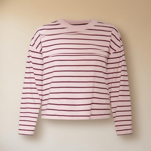 Camiseta de Manga Larga a Rayas Rosas para Mujer, Cuello Redondo, Tejida, Informal, para Uso Diario, Precio al por Mayor, OEM, Precio Económico, Personalización - Product Image 3