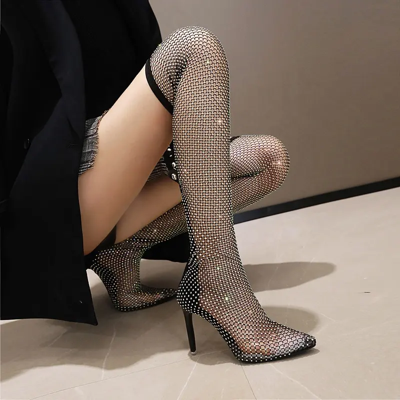 Fashion Diamond Hollow Out Net Mesh High Heel Dress Shoes 2022 Spring PVC Pointed Toe Women Sandals Over Knee Thigh High Boots