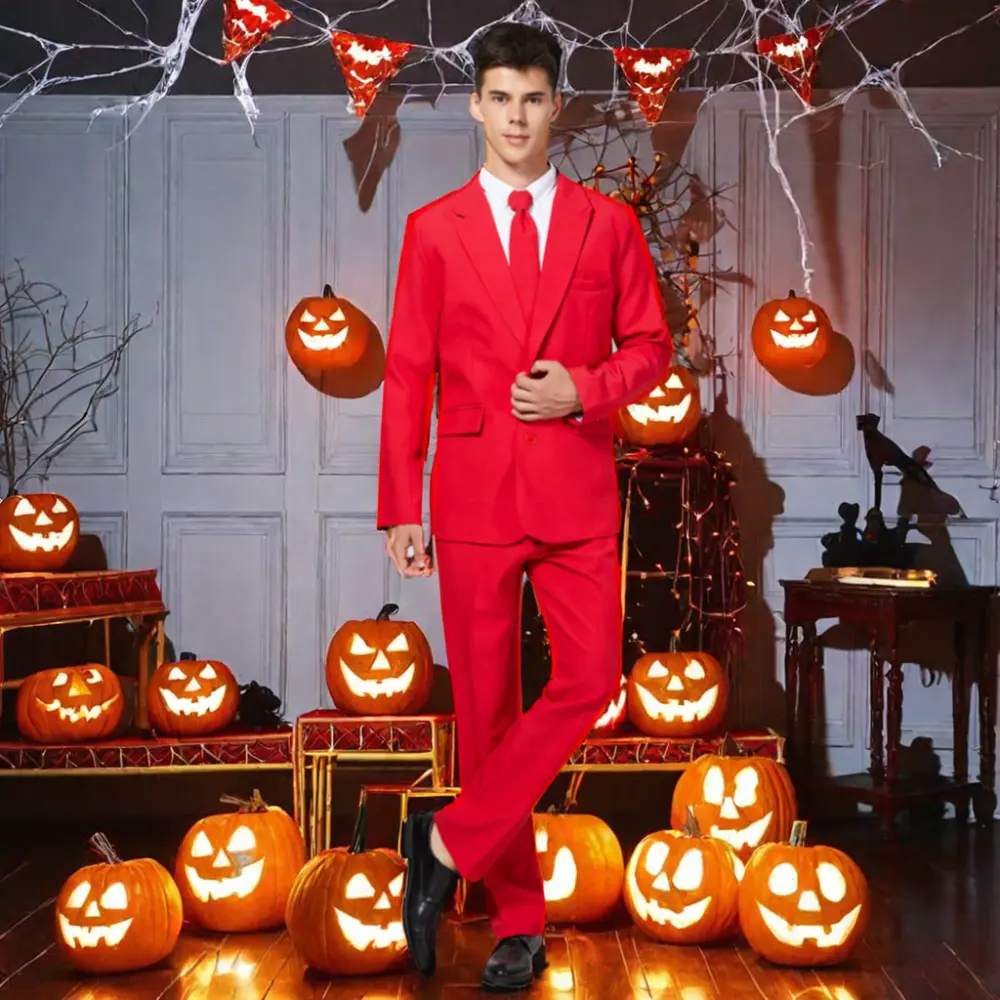 2-Piece erkek kırmızı Polyester takım elbise ceket ve pantolon düğün takımları yetişkinler için cadılar bayramı partisi