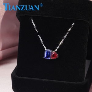 S925 plata esterlina azul real rectángulo corte esmeralda zafiro y sangre de Paloma rojo corazón forma rubí colgante collar - Product Image 5