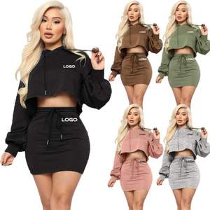 YHH-105 New Autumn Spring <strong>Women</strong> Casual Hooded Drawstring Long Sleeve Crop Top <strong>Hoodies</strong> Skirt Solid 2 Pieces Set <strong>Dress</strong> - Product Image 1