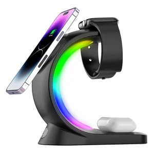 Chargeur sans fil magnétique 3 en 1 avec lumière RVB pour iPhone 14/13/12/Apple Watch/AirPods Desk Wireless Charging Dock Station