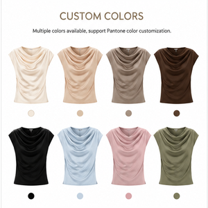 High Quality Breathable Anti-Pilling Luxury <strong>Cream</strong> Satin Crew Neck Cap Sleeve Side Ruched Elegant Office Casual <strong>Tshirt</strong> for Women - Product Image 4
