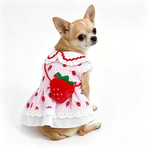 Robe fraise pour chiens, été, printemps, mignonne, <span class=keywords><strong>à</strong></span> carreaux, pour femelles, chiots, chats, vêtements pour animaux de compagnie, Yorkie, Chihuahua, petits et moyens Pugs - Product Image 3