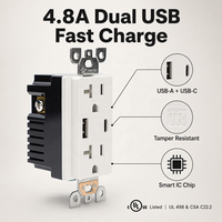 Stopkontak USB BAREP NEMA 5-20R CULus 125V dengan Tipe-A dan Tipe-C 4.8A TR T-Slot untuk Kabel Komersial dan Hunian