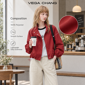VEGA CHANG Veste Courte Femme Col Montant Manches Élastiques Ourlet à Cordon Coupe Ample Décontractée Coupe-Vent Vente en Gros OEM ODM - Product Image 1