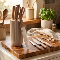 Lot de 6 couteaux de cuisine en acier inoxydable à grain de bois, revêtement antiadhésif, couteaux de chef ambidextres, bloc de rangement, faible MOQ, prêts à expédier