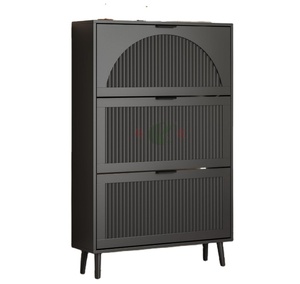 Meuble à chaussures en bois fin avec 3 tiroirs rabattables, design moderne à rainures, rangement étroit dissimulé pour couloir, entrée, salon - Product Image 1