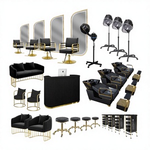 Juego de Muebles de Peluquería Dorado y Negro <span class=keywords><strong>2021</strong></span>, Paquete de Salón de Belleza Más Económico para Peluquero, Silla Personalizada, Escritorio, Secador, Vaporizador - Product Image 1