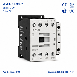 Contactor de Potencia Industrial DILM Serie DILM9-01(24VDC) 9A 3P 1NC 4kW 24V CE CCC ISO para Control de Bomba de Agua - Product Image 2