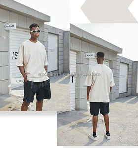 हैवीवेट रेट्रो 100% कपास बुना हुआ ड्रॉप-कंधे की छोटी आस्तीन 280gism पुरुषों ने काले ढीले विंटेज टी शर्ट को पार किया - Product Image 3