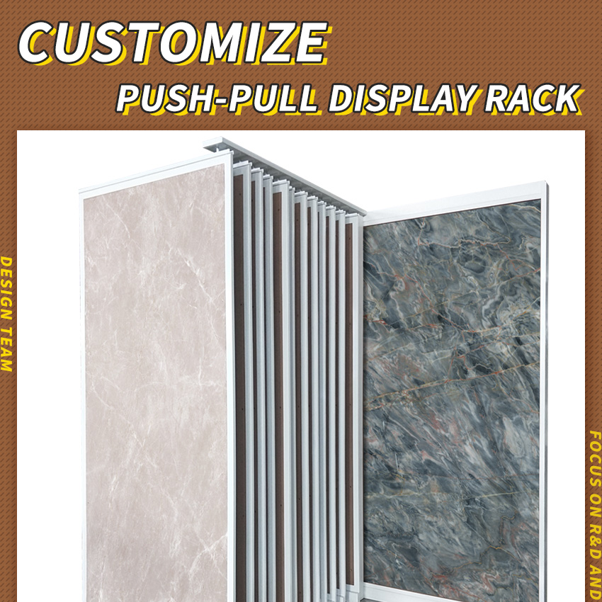 Exhibition Marble Granite Rail-Mounted Slab Rock Ceramic Quartz Stone Sample Rack Push Pull Sliding Showroom Display Stand Tile