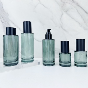 บรรจุภัณฑ์เครื่องสำอางแบบใหม่ ขวดแก้วฝ้าสีฟ้าพร้อมหัวปั๊มสเปรย์แบบหยดสำหรับน้ำมัน และกระปุกครีมฝาสีดำ - Product Image 6