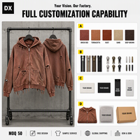 Sweat-shirt à capuche entièrement zippé en molleton marron délavé personnalisé 360 g/m² avec empiècements vieillis, poche kangourou et ourlet effiloché brut, style streetwear OEM ODM