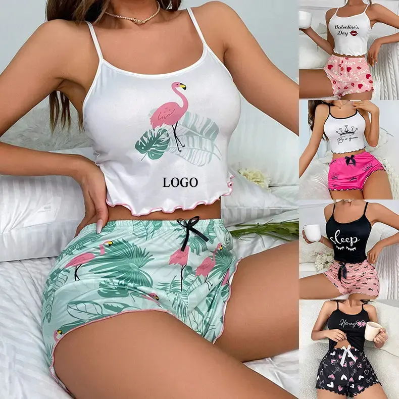 P223 Pijama corto de verano personalizado para mujer, pijama sexy con flores, conjunto de 2 piezas para mujer, ropa de noche