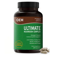 Capsules d'extrait de champignons en marque blanche OEM, mélange de 6 champignons, 12,1 % d'extrait, 29 % de bêta-glucanes, 120 capsules