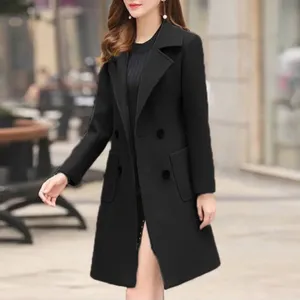 2024 automne hiver femmes longs manteaux de laine Double boutonnage <span class=keywords><strong>femme</strong></span> couleur unie coupe ajustée vêtements d'extérieur col rabattu Streetwear - Product Image 3