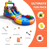 Toboggan aquatique gonflable commercial en PVC 26x12x14FT, thème blocs colorés, pour adultes et enfants, avec grande piscine à éclaboussures et souffleur, idéal pour l'extérieur et le jardin.