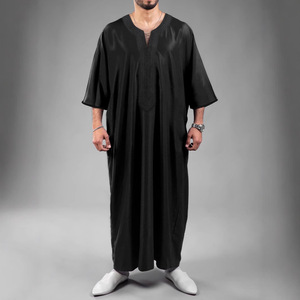 Nueva y Elegante Túnica Marroquí Bordada de Manga Corta para Hombre, Color Sólido, Talla Real, Tela de Poliéster, Abaya de Verano para Adultos - Product Image 2
