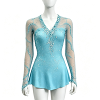 Robe de patinage artistique turquoise, col en V, manches longues en maille, dos ouvert croisé, jupe courte entièrement ornée de strass pour adultes et enfants