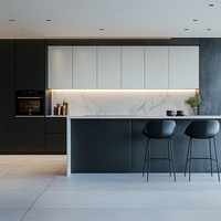 Ensemble de meubles de cuisine compact sur mesure avec production axée sur le design, fabriqué en usine, avec structure en panneaux mélaminés et accessoires d'évier