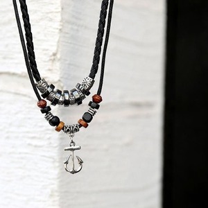 Kalung Kepang Ganda Gaya Boho Tribal Vintage Laris Manis untuk Pria, Kulit Geometris Trendi dengan Liontin Koin Berhias - Product Image 6