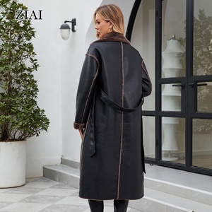 高品質 高級ベルト付きターンカラー 卸売 カスタマイズ レディース ラムファー トリム ロング レザーコート - Product Image 3