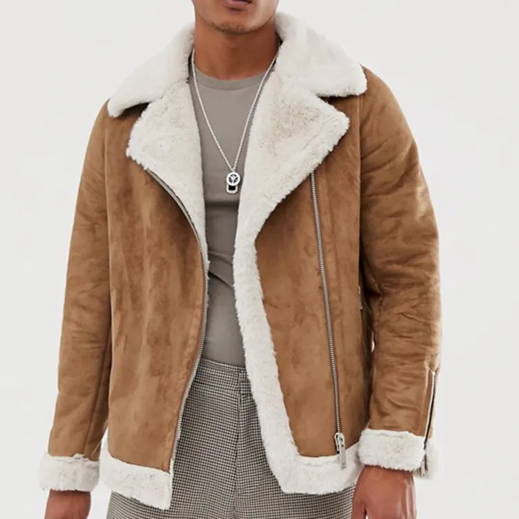 men warm coat 100% polyester faux fur sheepskin fleece lining wool outdoor winter jacket