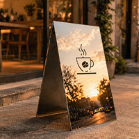 Panneau publicitaire double face pliable sur pied en acier inoxydable miroir, étanche et robuste pour extérieur
