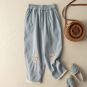 Women's Ethnic Style Embroidered Cotton Linen Harem Pants High Waist Loose Casual Cropped Summer Breathable Blue - Product Image 1